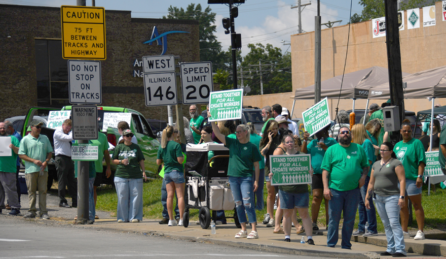 Dozens of Choate Mental Health and Developmental Center employees, union leaders and politicians flooded the streets of Anna on Tuesday to protest the Illinois Department of Human Services' plan to lay off 250 workers and significantly downsize the state-run mental health hospital.