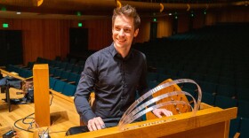 Augustin Viard sits at his rare onde Martenot at Abravanel Hall in Salt Lake City, May 17, 2023.