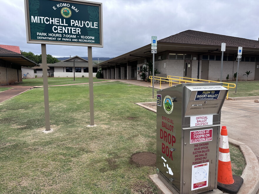 An official ballot drop box is seen at the Mitchell Pau'ole Center on Molokaʻi on Tuesday, Oct. 27, 2026.