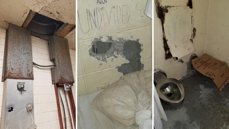 Images taken during a health inspection in June, 2019 show holes in shower ceilings, damaged cell walls, and broken toilets at Parchman state prison. Inspectors also cited lack of running water in some cells, mold in showers and other issues.