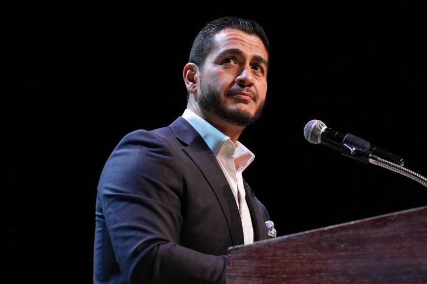 Abdul El-Sayed, a progressive candidate in the Democratic primary for U.S. Senate in Michigan, speaks during a primary election night event Wednesday, Aug. 5, 2026, at the Majestic Theatre in Detroit. (AP Photo/Julia Demaree Nikhinson)