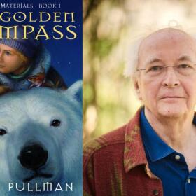 The cover of "The Golden Compass" and author Philip Pullman. (Courtesy of Penguin Random House and Sam Allard)