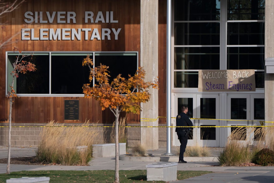 An officer is seen at Silver Rail Elementary School on Saturday, Oct. 17, 2026, in Bend, Ore.