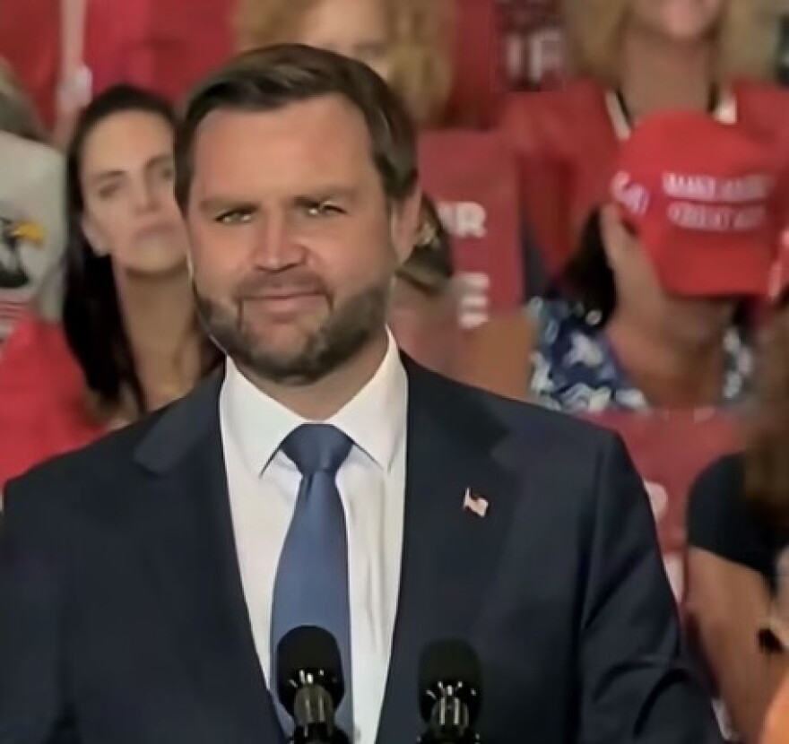 This still image of Vice President JD Vance is taken from a video feed on the Zach Lahn For Governor campaign page during the Vance event in Council Bluffs, Iowa, on September 18, 2026.