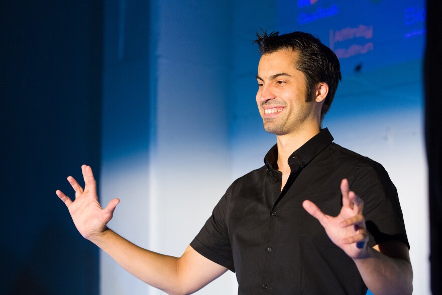 Ryan Bethencourt, who is leading the project to biohack insulin, speaks at Indie.Bio Demo Day in San Francisco.