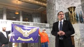 State Rep. Matt Shea speaks at a 51st state rally in the Capitol in February.