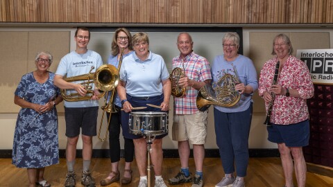 The "7th Grade Band" in IPR's Studio A: (L to R) Paula Herbart, Jamie Robinson, Nancy Giffels, Jennifer Wesling, Tom Wright, Jean Callum and Marlene Robinson