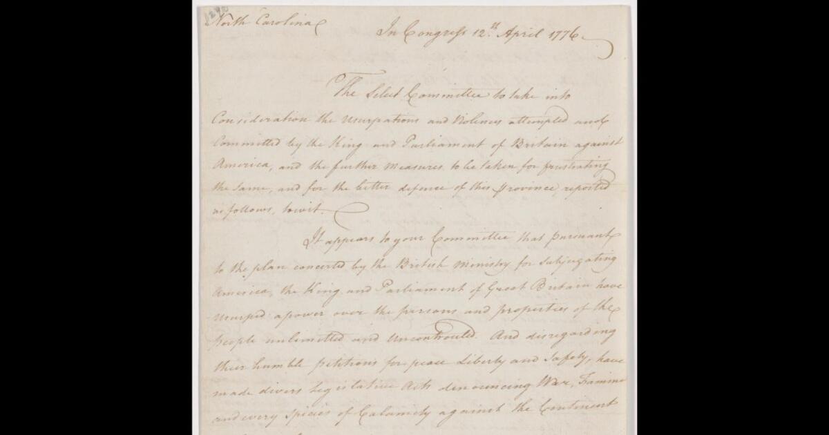 Halifax Resolves document will return to North Carolina for the first time since 1776