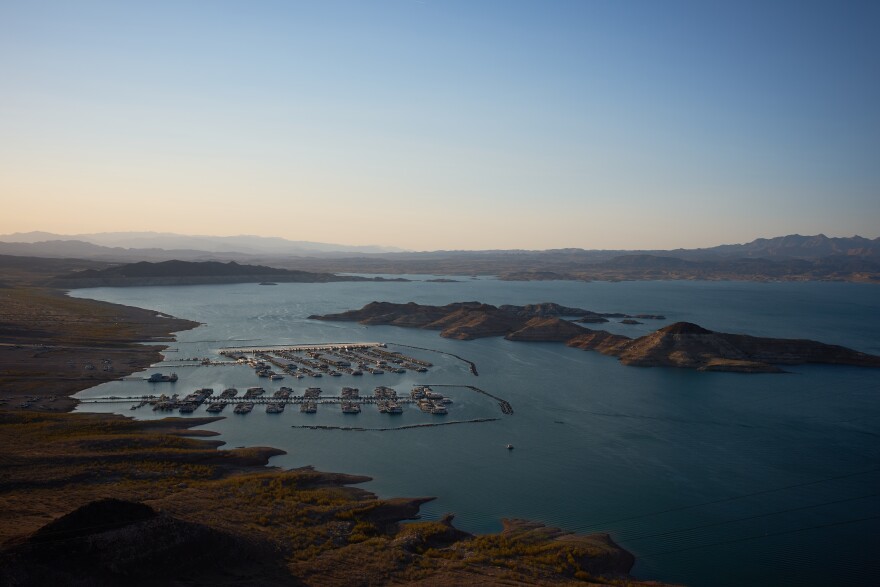 Boats are moored at a marina on Lake Mead at the Lake Mead National Recreation Area on Tuesday, June 30, 2026, near Boulder City, Nev.
