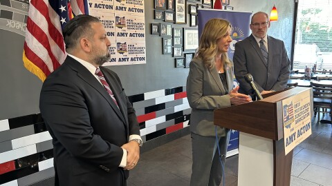 Ohio Goverrnor candidate Amy Acton (D) speaks after her endorsement by the Ohio Patrolmen's Benevolent Association.