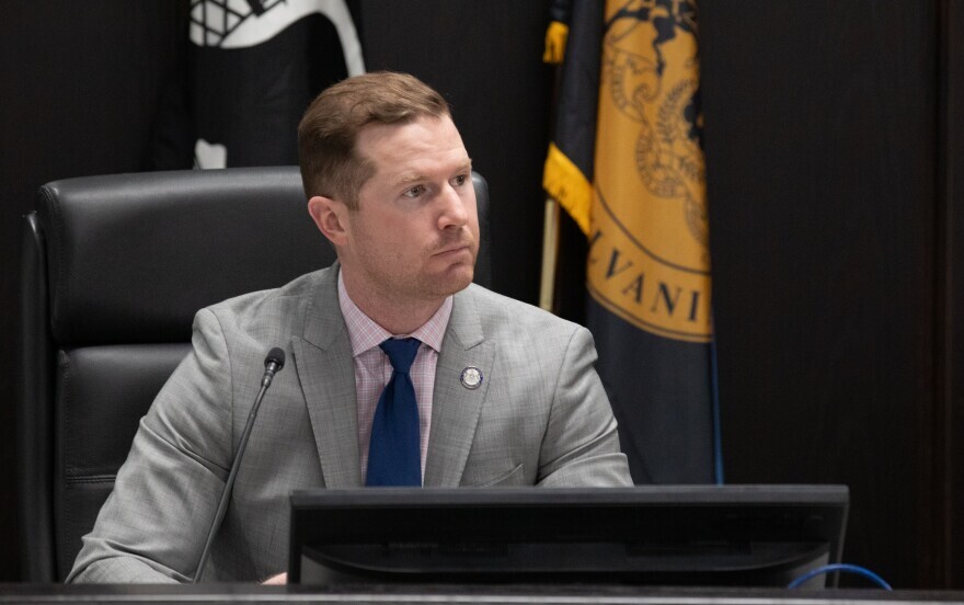 Former Lackawanna County Commissioner Matt McGloin listens during his final commissioners meeting on Feb. 19, 2025. Lawyers argued over how to fill McGloin's vacancy Tuesday, but a three-judge panel didn’t immediately rule or say when they would.