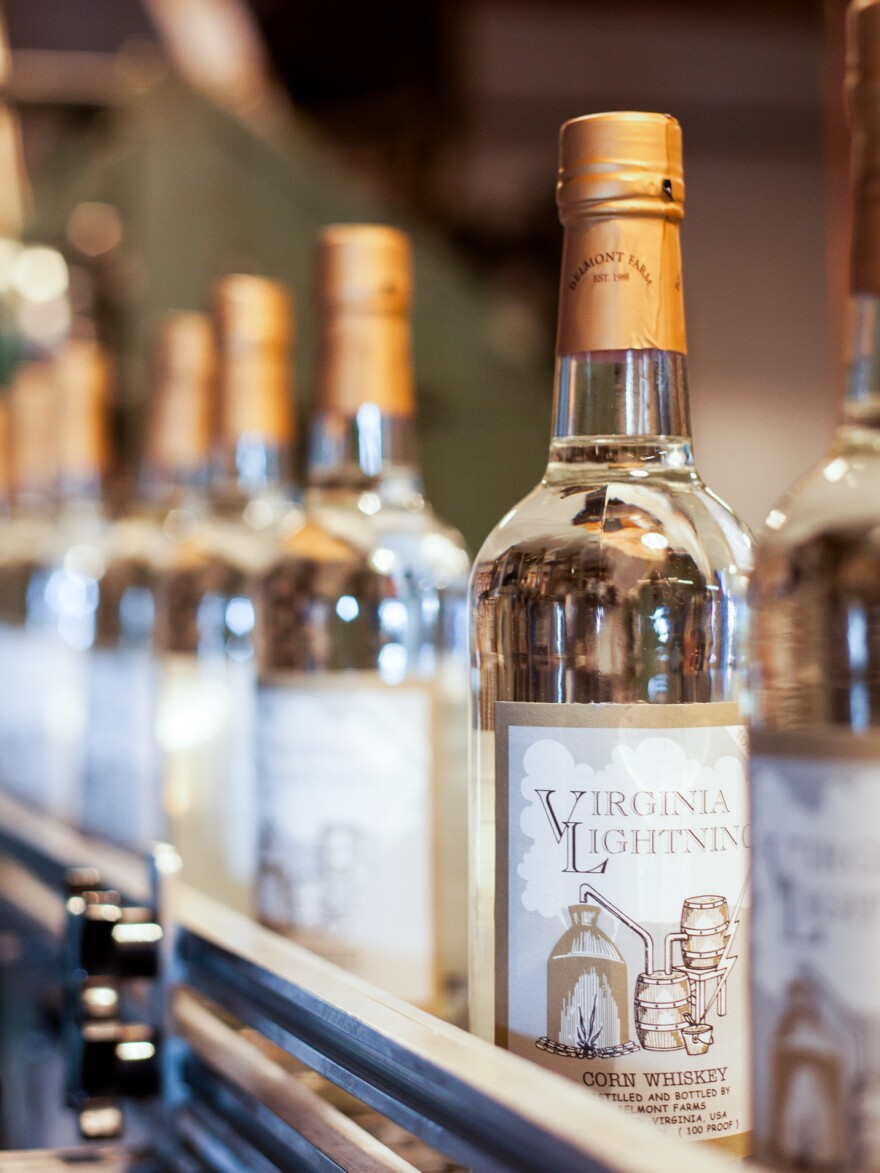 Belmont Farm Distillery's original product, Virginia Lightning corn whiskey. "My grandfather got involved in moonshining during Prohibition and sold his whiskey up in D.C.," says Chuck Miller of the Culpeper, Virginia-based distillery. "One time they had the road blocked up there for him, and he just ran through the road block. But they shot out the back window of his car."