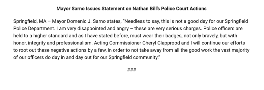 Springfield Mayor Domenic Sarno issued this statement about the 14 police officer indictments by a Massachusetts grand jury.