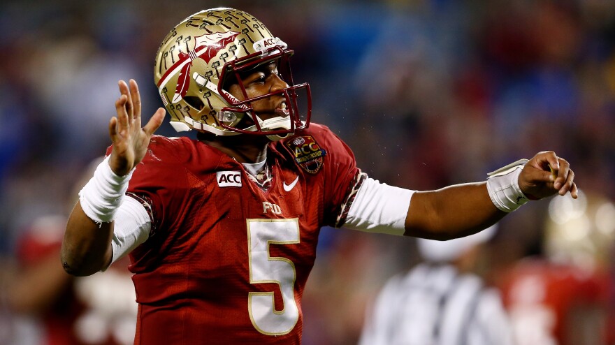 Florida State quarterback Jameis Winston reacts during the ACC Championship game on Saturday at Bank of America Stadium in Charlotte, N.C.