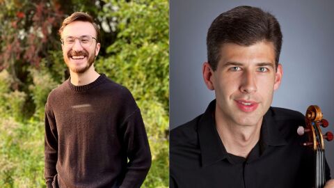 A picture on the left of a man wearing a brown sweater with a forest background and a man on the right holding a violin with a grey background.
