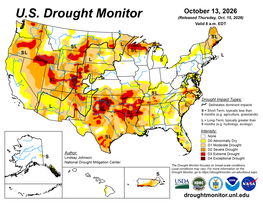 A map of drought across the United States shows intense dryness across states such as Texas, Oklahoma, Nebraska, and Missouri.