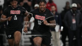 Georgia defensive lineman Jalen Carter runs football drills during Georgia's Pro Day, Wednesday, March 15, 2023, in Athens, Ga. (AP Photo/John Bazemore)