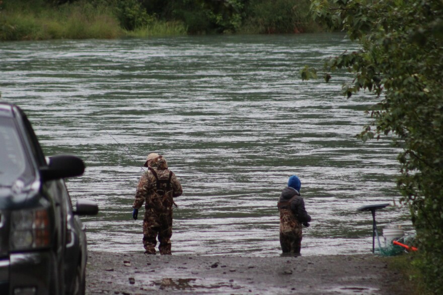 Anglers fish in the Kenai River at the end of Huske Street on Wednesday, July 22, 2026 in Sterling, Alaska.
