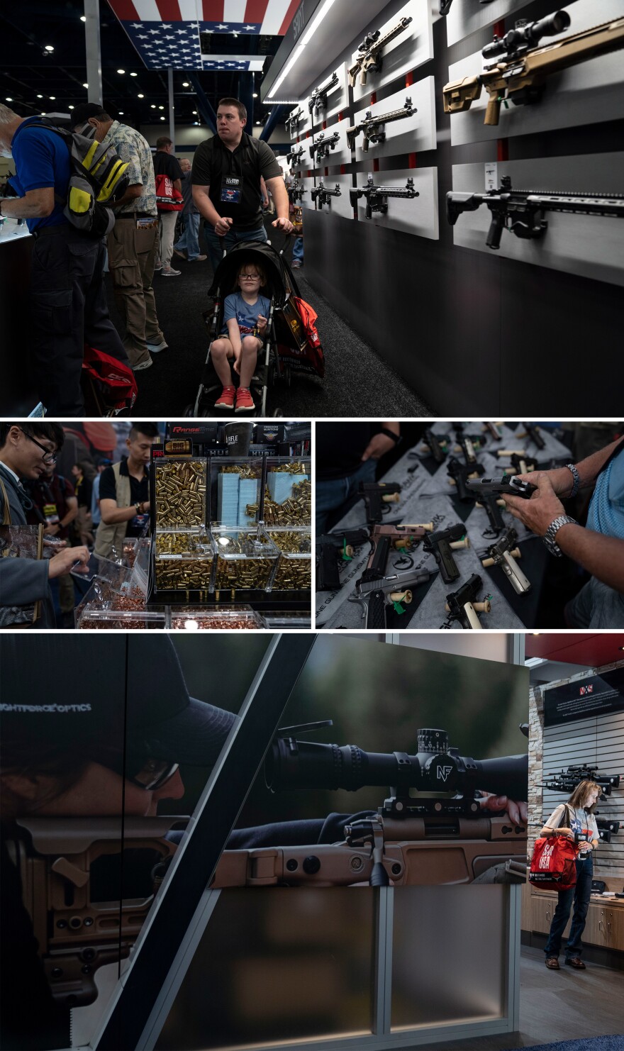 People attend to look at the displayed gusn and free bullets and casings at the NRA Annual Meetings & Exhibits.