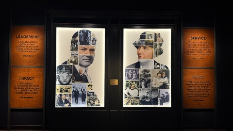 A photo collage of images of Herbert Hoover and Lou Henry Hoover are displayed at the museum. 