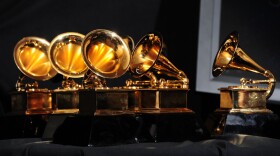The six trophies for Adele are displayed backstage at the 54th Grammy Awards in Los Angeles, California, February 12, 2012. (Frederic J. Brown/AFP/Getty Images)