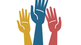 Yellow, blue and red hands with the words "Participatory Budgeting Grand Rapids" underneath