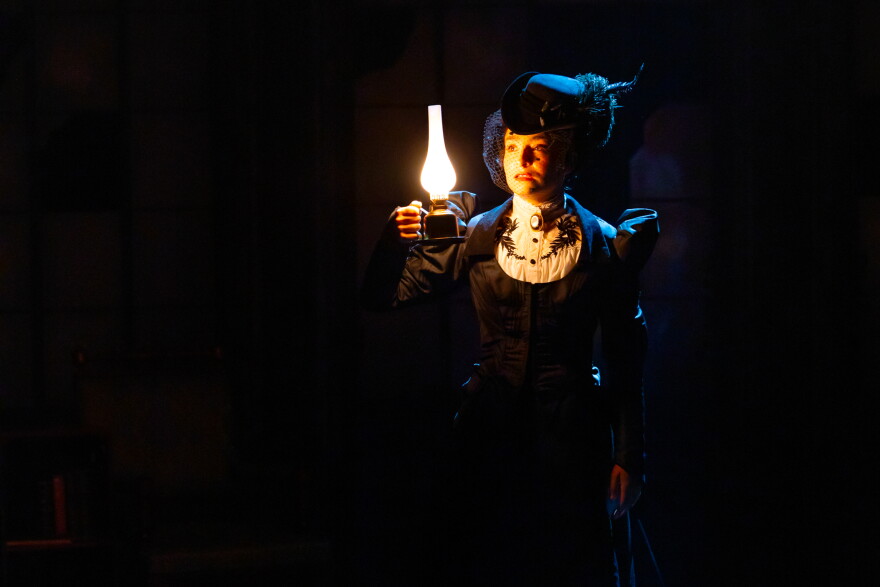 Actor Sara Gutierrez, as Mina, delivers the opening lines of Hartford Stage’s current adaptation of ‘Dracula’ by Morgan Lloyd Malcolm.