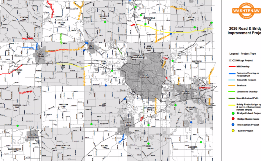A map of the Washtenaw County Road Commission's upcoming road resurfacing season.