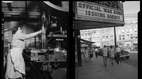 (LEFT) A worker at the Stanley plant wrapping finished bolts and butts for shipping New Britain, Connecticut May 1943. (RIGHT) Street scene New Britain, Connecticut May 1943.