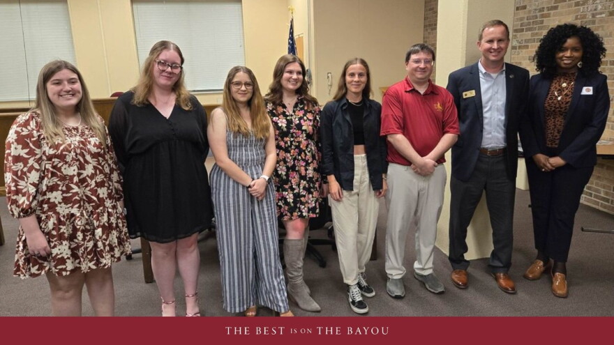 Five ULM Political Science students were inducted into Pi Sigman Alpha, the National Political Science Honor Society, on April 15. Pictured L-R: Elenora Franco, Haleigh Lewellyan, Jessica DeFreese, Mallory LaBoeuf, Melanna Morris, Dr. Daniel Hummel, David Orr, Chiquita Burks