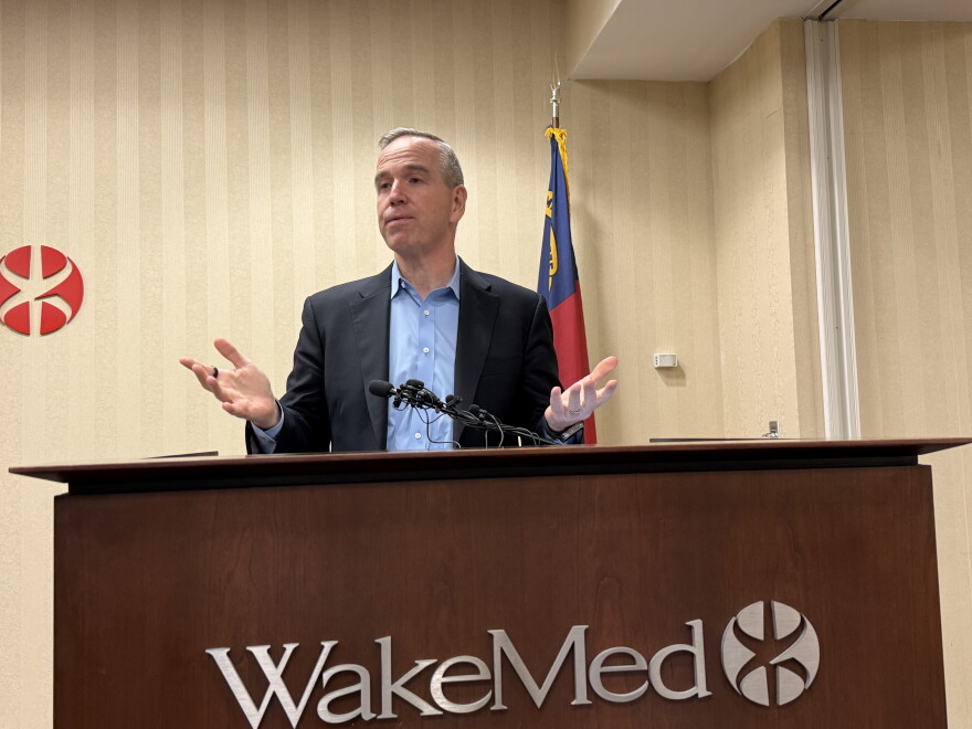 Steve Smoot, the president of Advocate Health's division for North Carolina and Georgia, speaks during a May 5, 2026 press conference at WakeMed. Advocate Health is the parent company of Atrium Health, which is in talks to take over WakeMed.