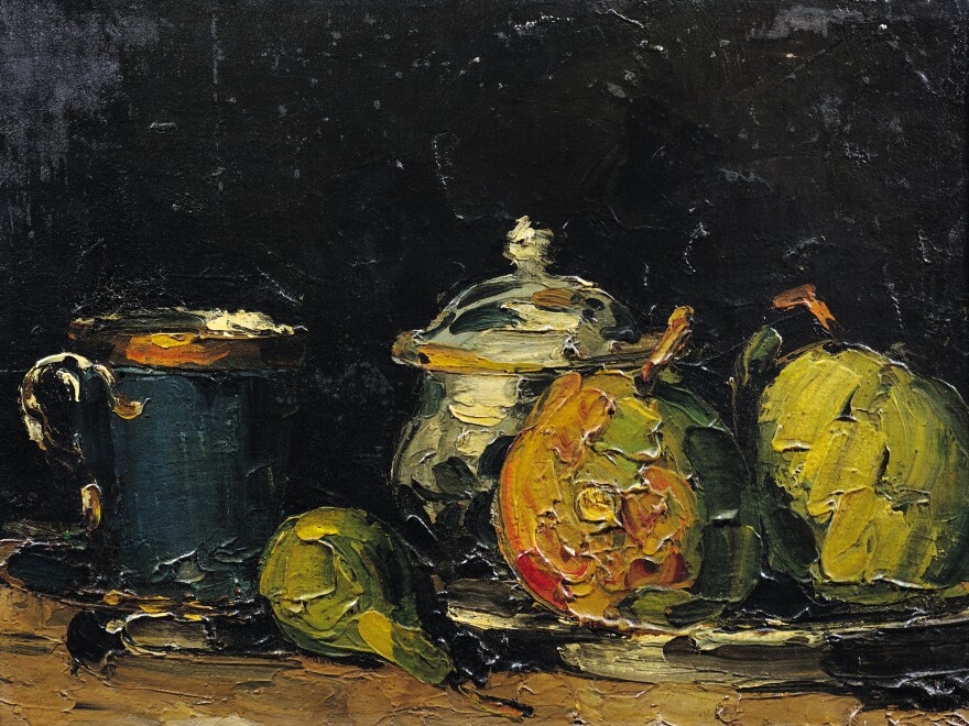 <em>Sugar Bowl, Pears, and Blue Cup (Sucrier, poires et tasse bleue) </em>by Paul Cezanne, circa 1866.