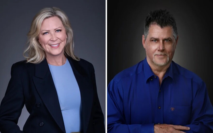 A composite image with a woman on the left side and a man on the right.