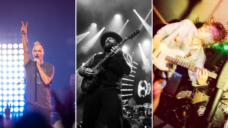 Three side-by-side photos of a man holding up a peace sign while singing into a standup microphone on stage, a man playing electric guitar with lights overhead, and a blurry shot of a man playing electric guitar with a drum kit behind him.