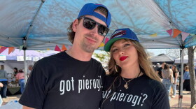 Caroline Brzuszek-Egan, right, runs Polka Pierogi with the help of her husband, Matt Egan, every Saturday at the Old Town Farm & Art Market.