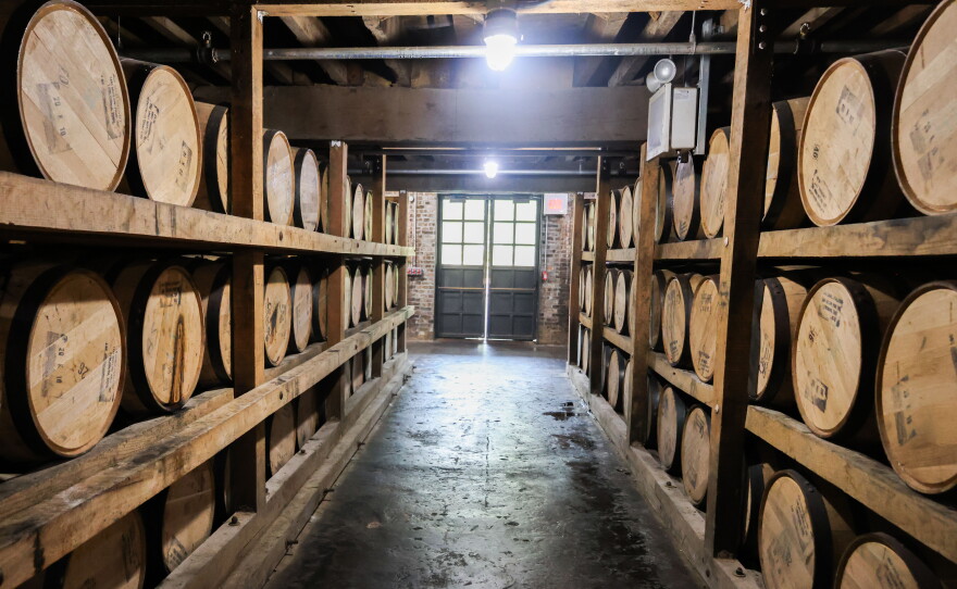 Tennessee whiskey ages in barrels at the Jack Daniel's Distillery in Lynchburg, Tenn.