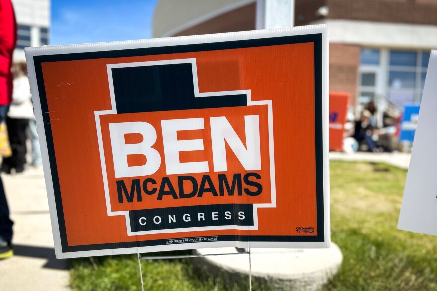 A Ben McAdams campaign lawn sign outside of the Utah Democratic Convention at Jordan High School in Sandy, April 25, 2026.