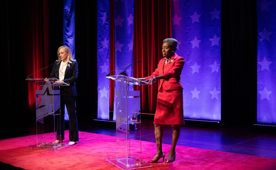Democrat Abigail Spanberger, left, and Republican Winsome Earle-Sears met for the only scheduled governor's debate at Norfolk State University on Oct. 9, 2025.