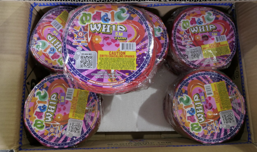 One of the types of illegal fireworks in a shipping container seized in Honolulu on Dec. 27, 2023.