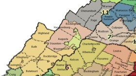 This illustration shows both the current congressional districts and new proposed districts overlaid on a map of the Shenandoah Valley area.
