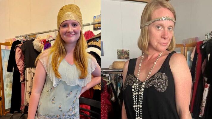 Pictures of two women one wearing a black flapper dress with white necklace and the other in a light blue dress.