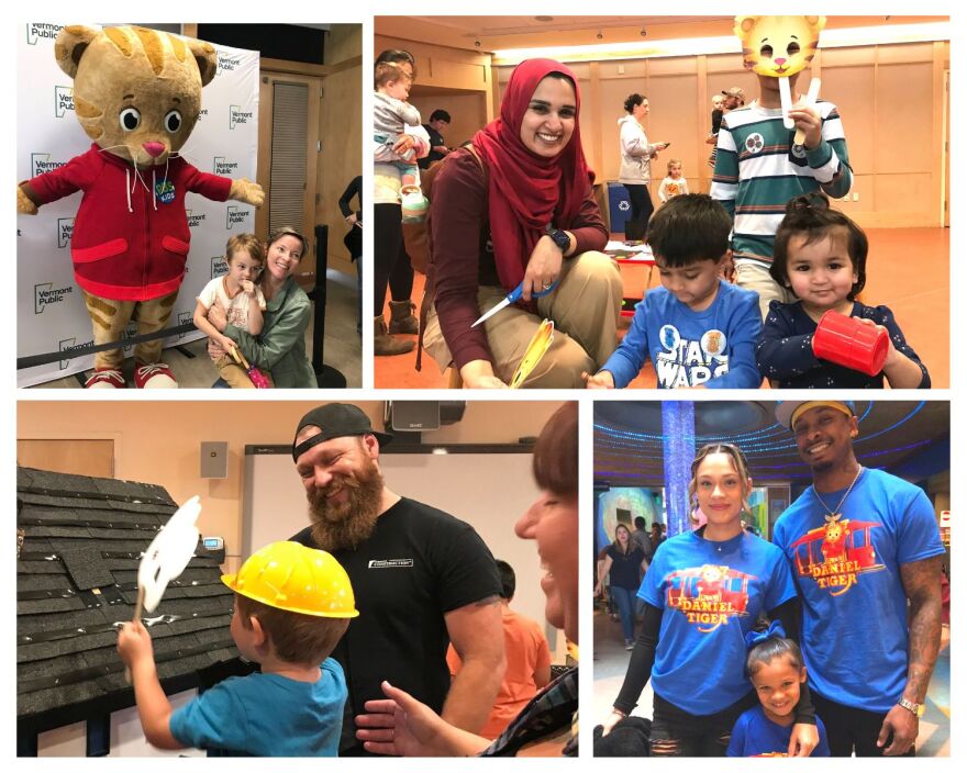 Photo collage of families enjoying event with Daniel Tiger mascot