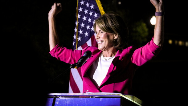 Helena Foulkes delivers her victory speech in Providence on Wednesday, Sept. 9, 2026, after defeating Gov. Dan McKee in Rhode Island’s Democratic gubernatorial primary. Credit: Gabriel Valadares/Ocean State Media