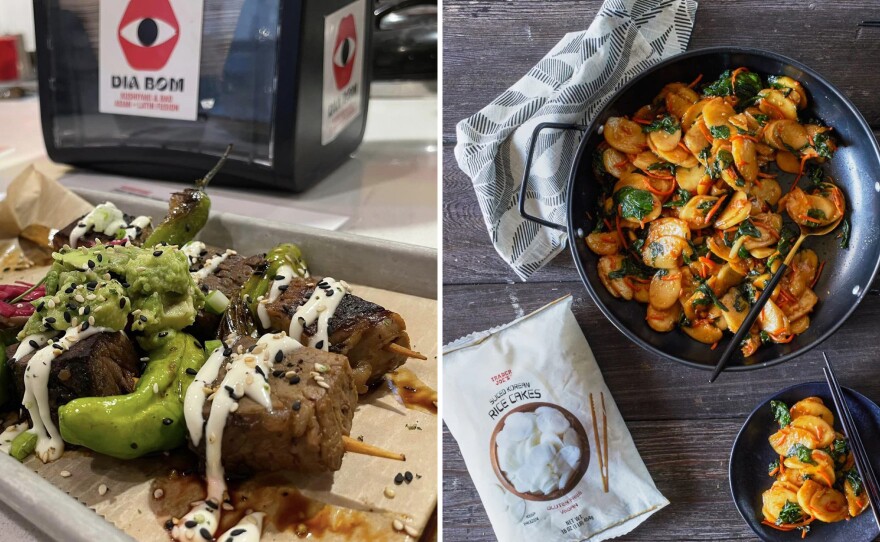 Side-by-side food photos show an Asian-Latin fusion skewer with meat and a wok filled with Korean rice cakes.