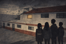 An illustration of four silhouetted kids facing a white and red building.