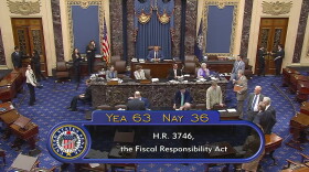 In this image from Senate Television, the final vote of 63-36 shows passage of the bill to raise the debt ceiling Thursday night, June 1, 2023, in the Senate at the Capitol in Washington. President Joe Biden is expected to quickly sign the bill that will stave off default.