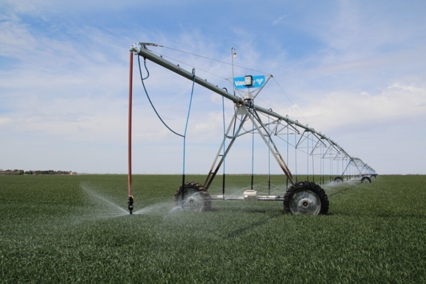 Center pivot irrigation systems like this one in Finney County pump water up from the Ogallala aquifer to spray on crops. This part of southwest Kansas experienced some of the state's worst aquifer declines last year as drought pushed farmers to pump more water from underground