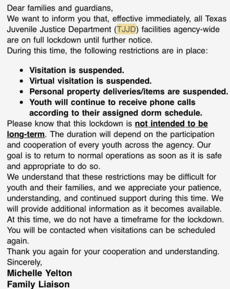 An Aug. 14 email sent to families of youth in Texas Juvenile Justice Department custody details the conditions of an ongoing lockdown at the state's five youth prisons across the state.
