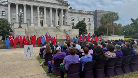 Onlookers and the family members of domestic violence victims stare at 47 silhouettes during Tuesday morning's ceremony. Each silhouette represented someone who died as a result of domestic violence; the lone purple silhouette represents unknown victims.