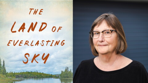 Author Jill Swenson and cover of her book "The Land of Everlasting Sky: